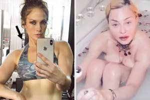 Two collage photos show individuals posing, one in workout gear, one in a bathtub. No identifiable features included for description