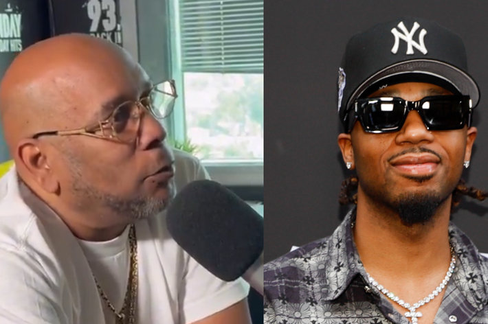 Split image, left: Man in glasses speaking into a mic. Right: Man in hat and sunglasses posing