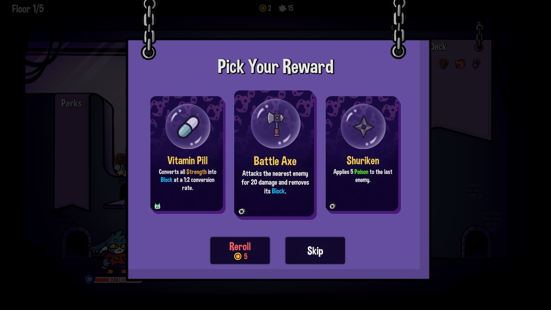 画面には「Pick Your Reward」というテキストと三つの異なる報酬を選ぶカードが表示されています。