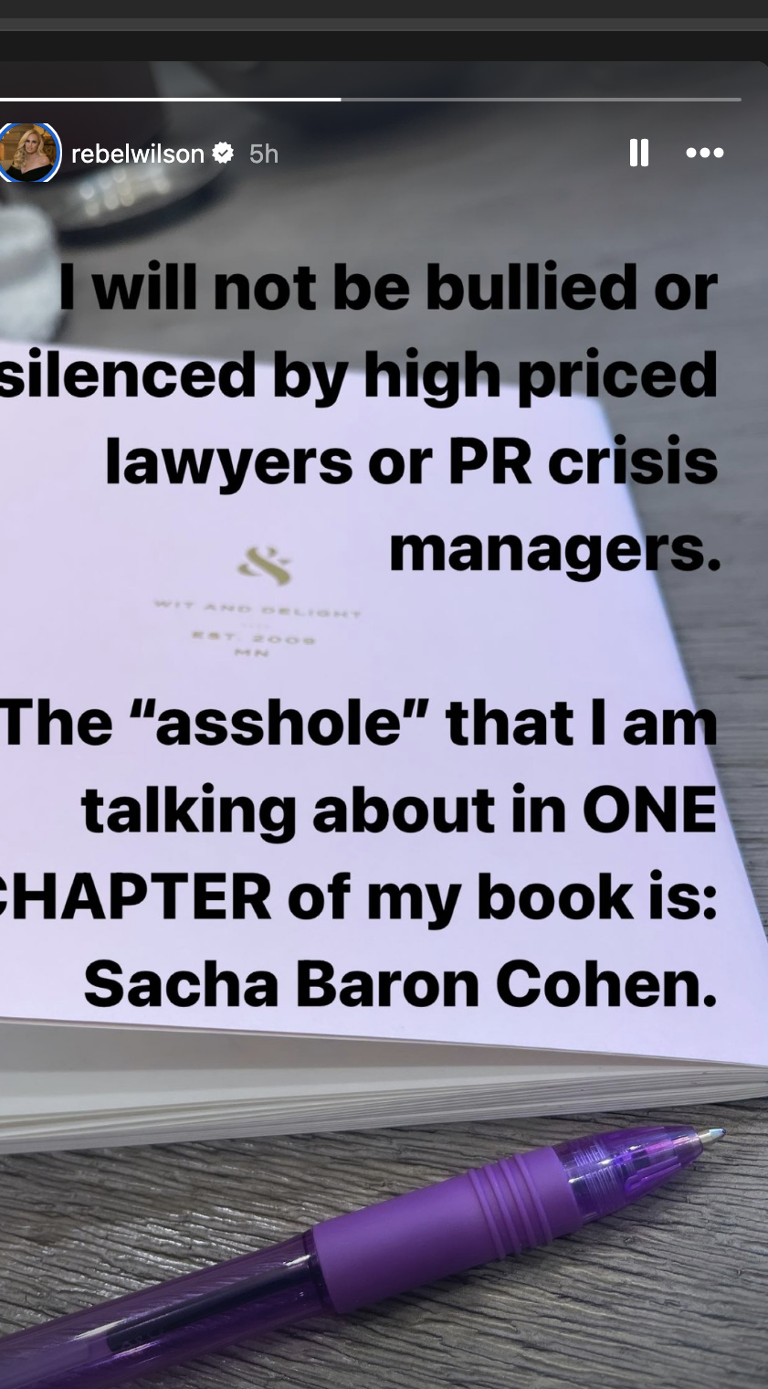 Screenshot of her IG story with a statement mentioning resistance to bullying by lawyers, naming Sacha Baron Cohen in a book chapter controversy