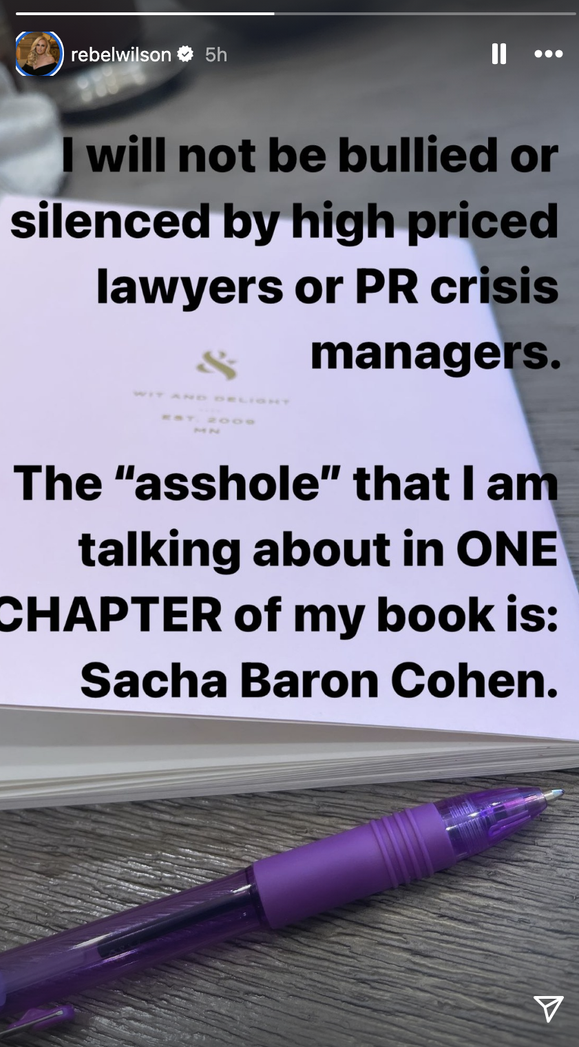 Screenshot of her IG story with a statement mentioning resistance to bullying by lawyers, naming Sacha Baron Cohen in a book chapter controversy