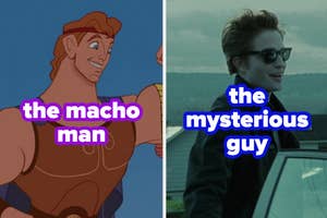 Left: Hercules from Disney animation; right: male character in sunglasses by a car. Text labels their personas