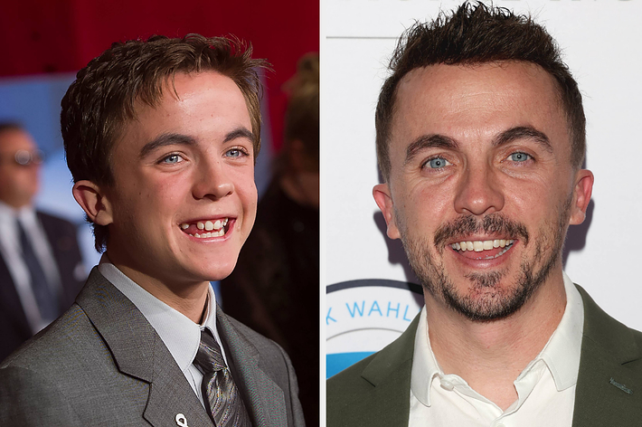 Frankie Muniz in a gray suit as a young actor and in a green shirt and jacket as an adult