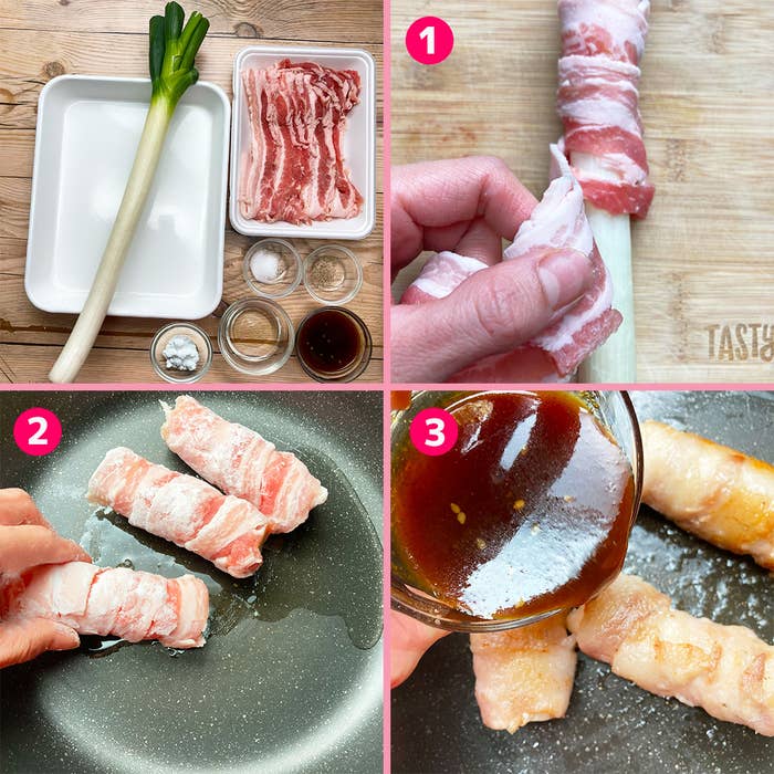 ネギと豚バラ肉を使った料理の作り方を示す4枚の写真。