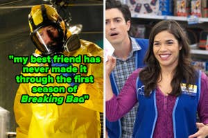 Left: Character in yellow hazmat suit. Right: Two actors in a store with name tags, smiling. Text quote about Breaking Bad