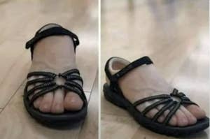 A pair of unique sandals with small zip ties holding toes separated