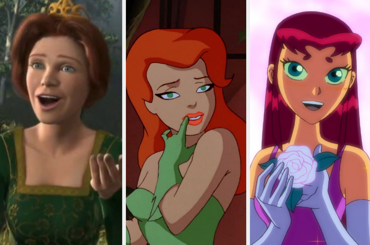 Fiona from Shrek, Daphne from Scooby-Doo, and Starfire from Teen Titans are animated characters shown side by side