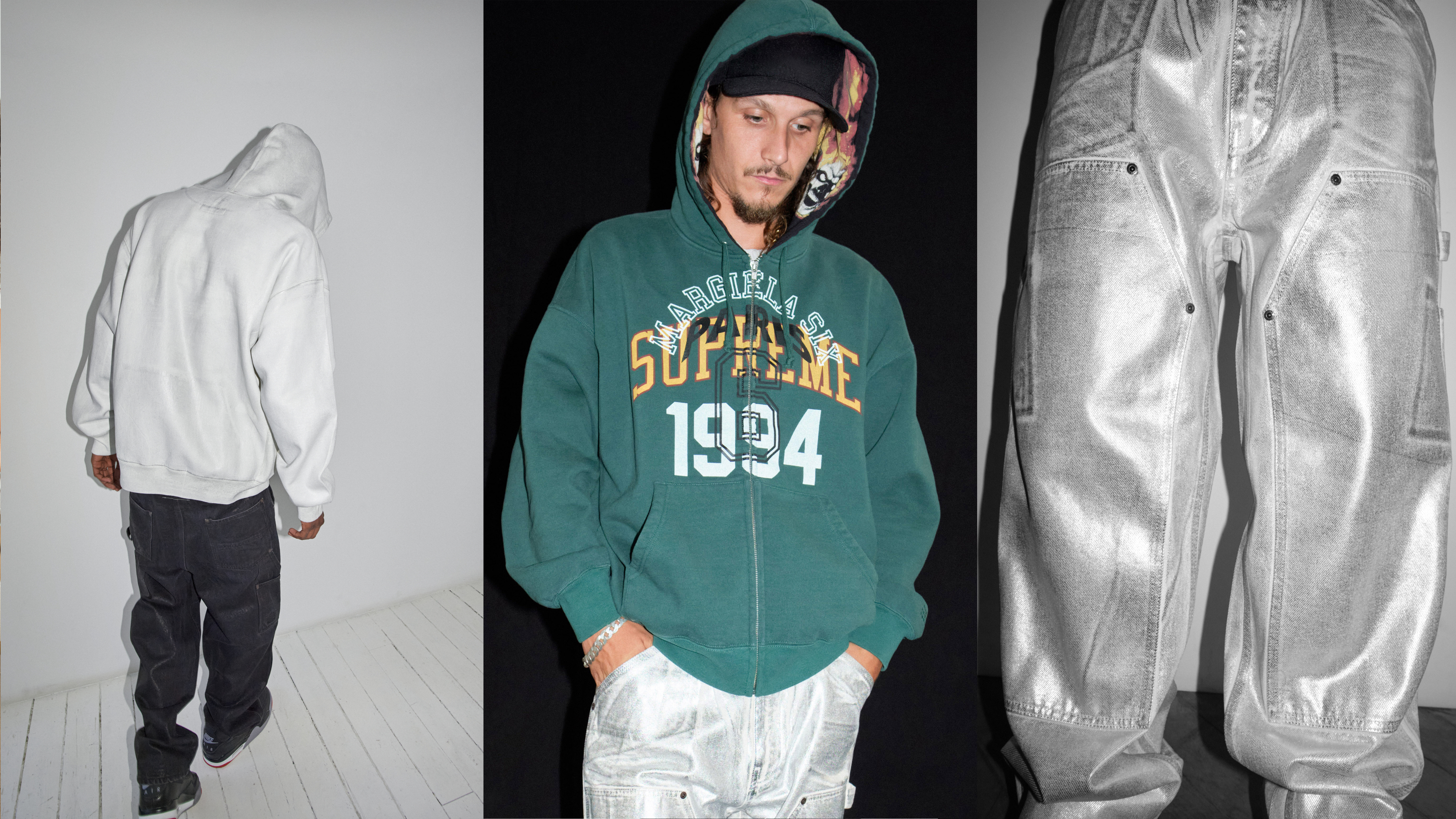 Three-panel image of a person in streetwear with a hoodie and baggy jeans, front and back views, with a focus on textured fabrics