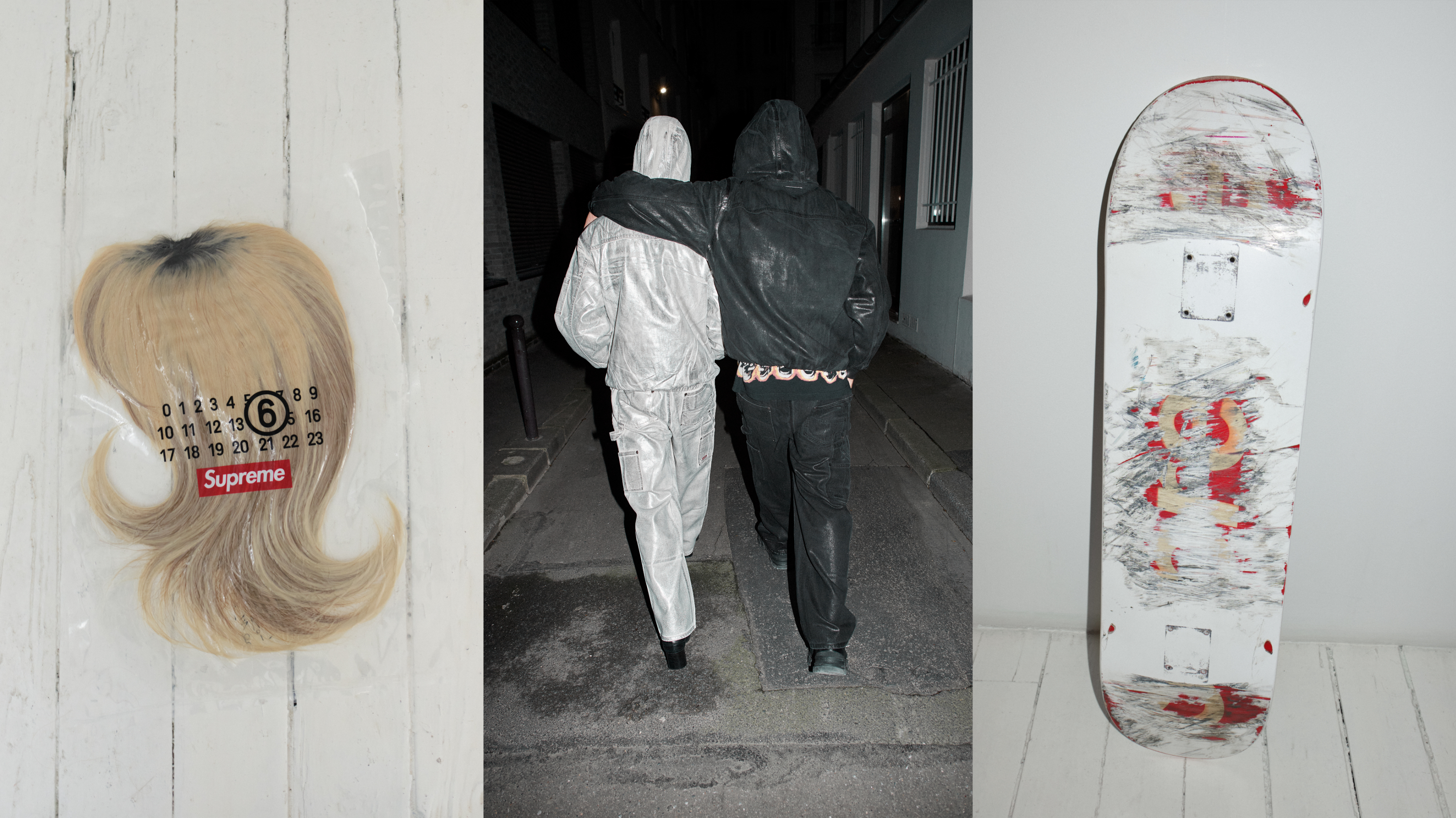 Three images: a wig with a measuring tape, two people in hooded outfits from behind, a worn skateboard