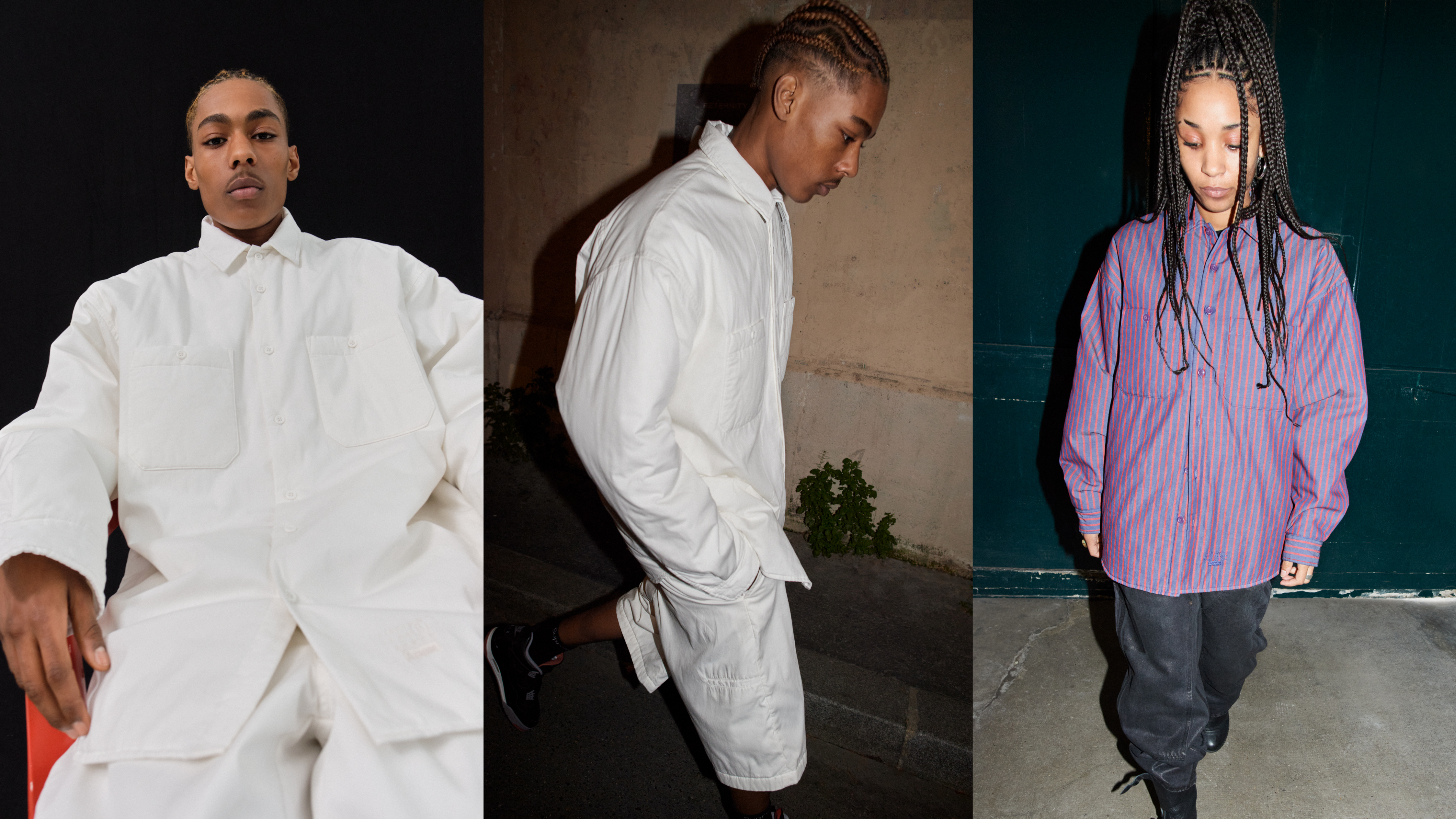 Three poses of a person in a white oversized outfit and another in a striped shirt with baggy pants