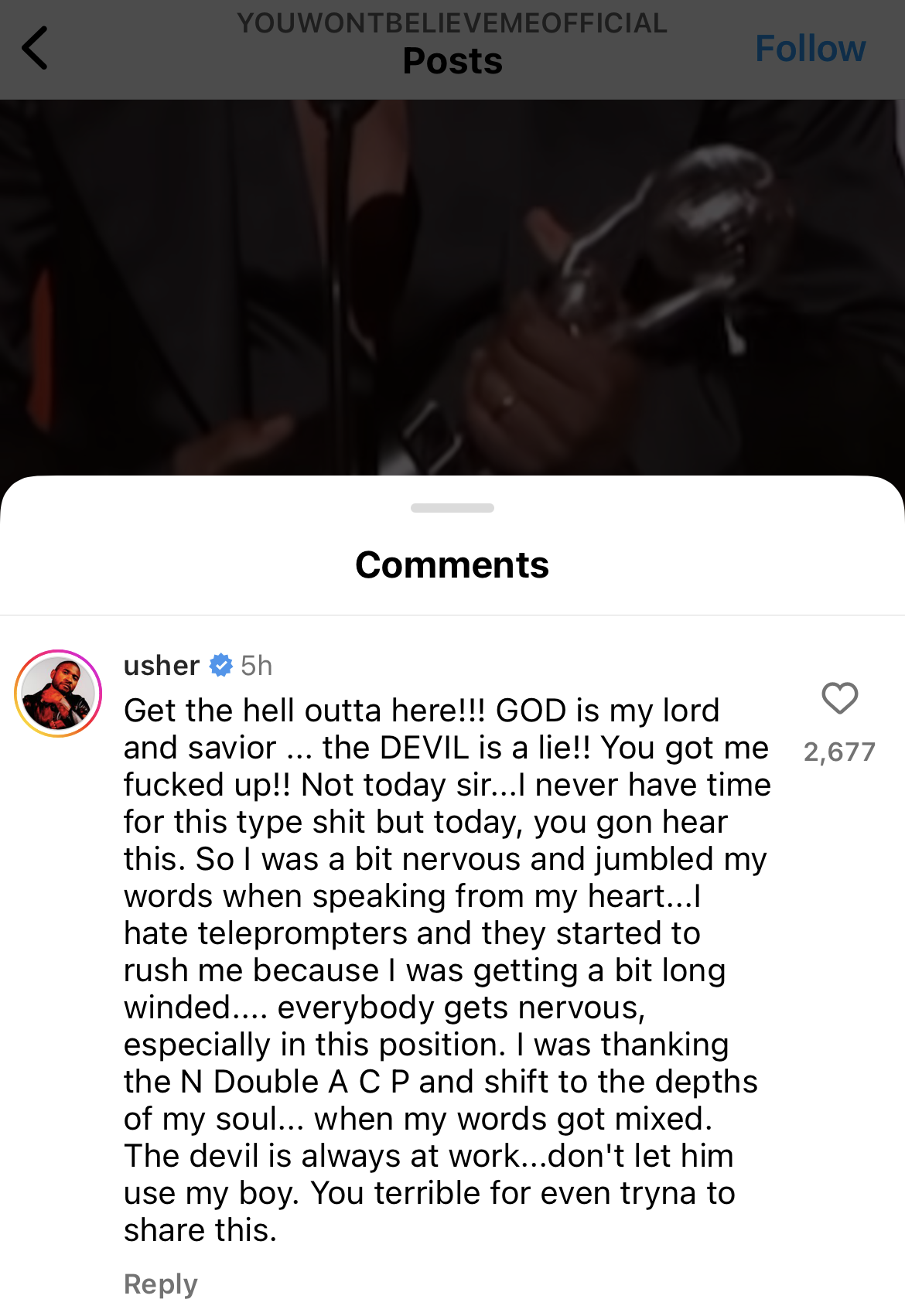 Usher comments on an Instagram post, passionately sharing religious sentiment, with followers responding and many likes