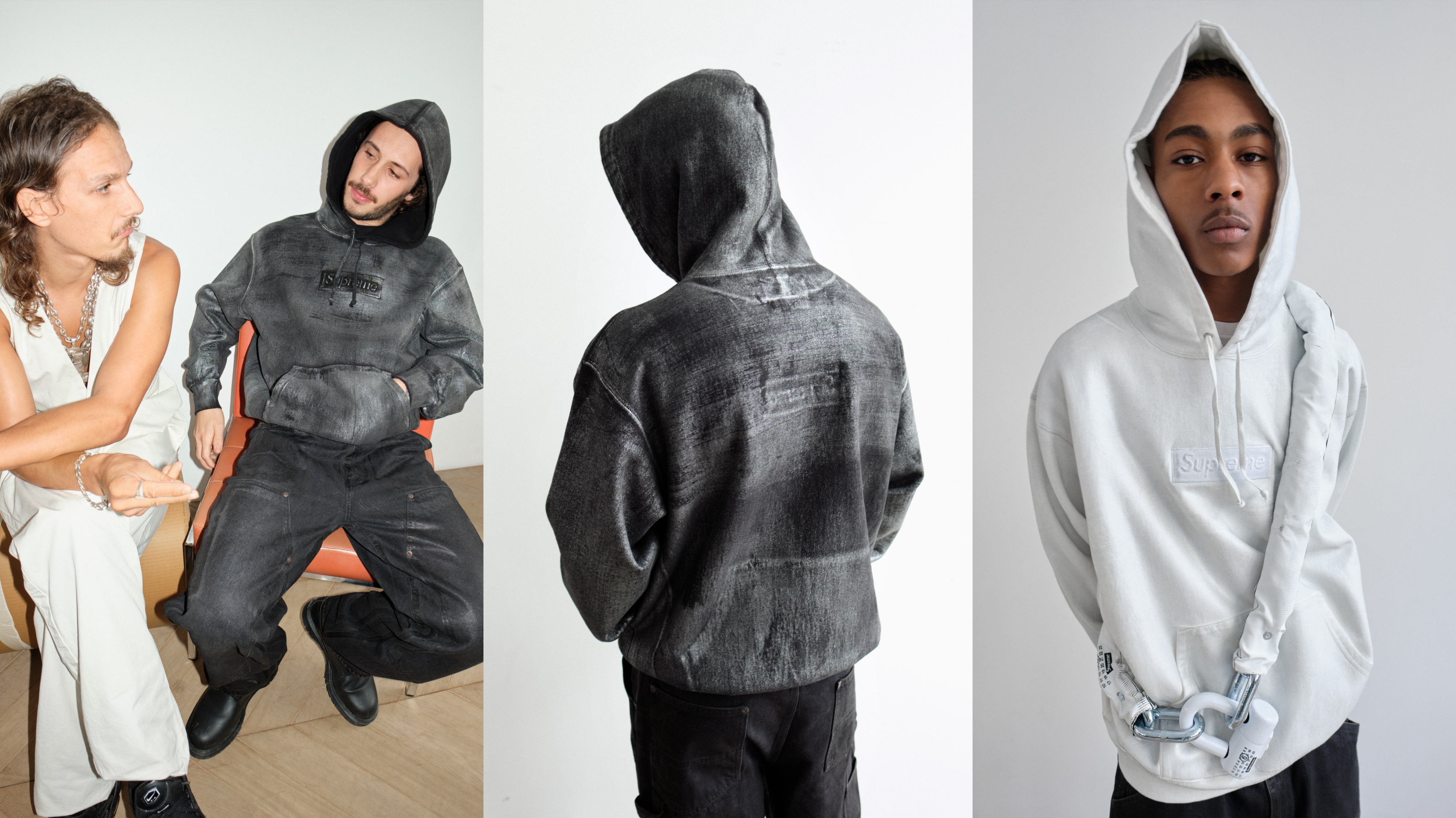 Three models showcasing different styles of textured hooded sweatshirts