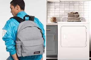 on the left a grey eastpak backpack, on the right a white front-load dryer