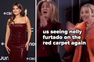 Woman in sequined dress on red carpet; meme text excited about Nelly Furtado's appearance