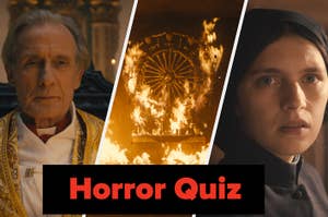 Three scenes from horror films including a priest, a fiery symbol, and a nun for a quiz advertisement