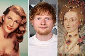 Three portraits side by side, from left: a vintage female star, Ed Sheeran, and an old painting of a regal figure