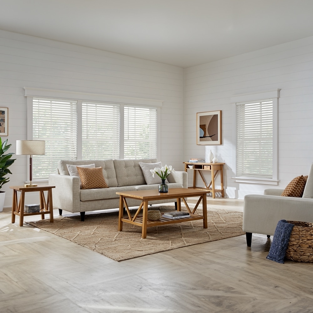 living room with faux wood blinds