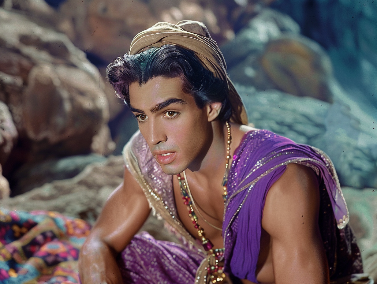 Character in lavish costume with cape and turban, from the film &quot;Ali Baba and the Forty Thieves.&quot;