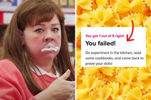 Melissa McCarthy covered in mayo and a screenshot of a failed quiz result