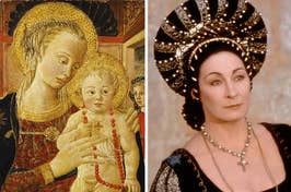 Left: Painting of Madonna and Child. Right: Woman in ornate headdress and pearl necklace