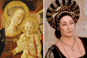Left: Painting of Madonna and Child. Right: Woman in ornate headdress and pearl necklace