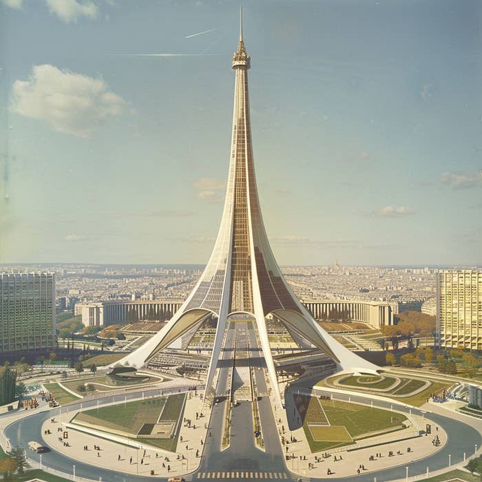 Aerial view of the Eiffel Tower and surrounding park area