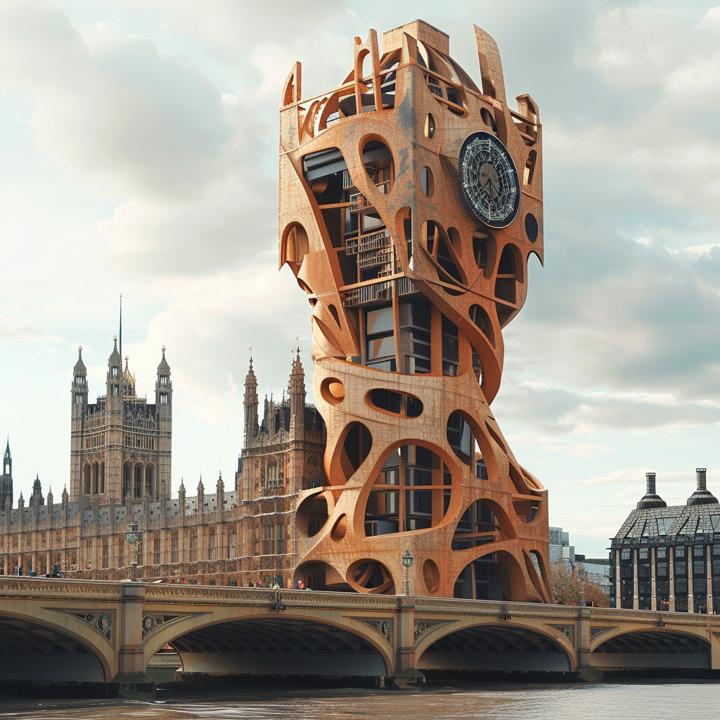 Futuristic wooden clock tower structure by a river with traditional buildings and a bridge in the background