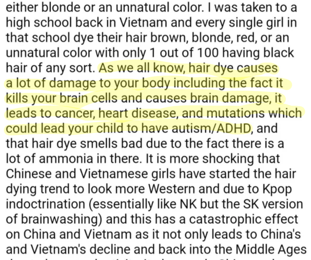 A long comment claiming that negative effects of hair dye include brain damage, ADHD, autism, cancer, and heart disease