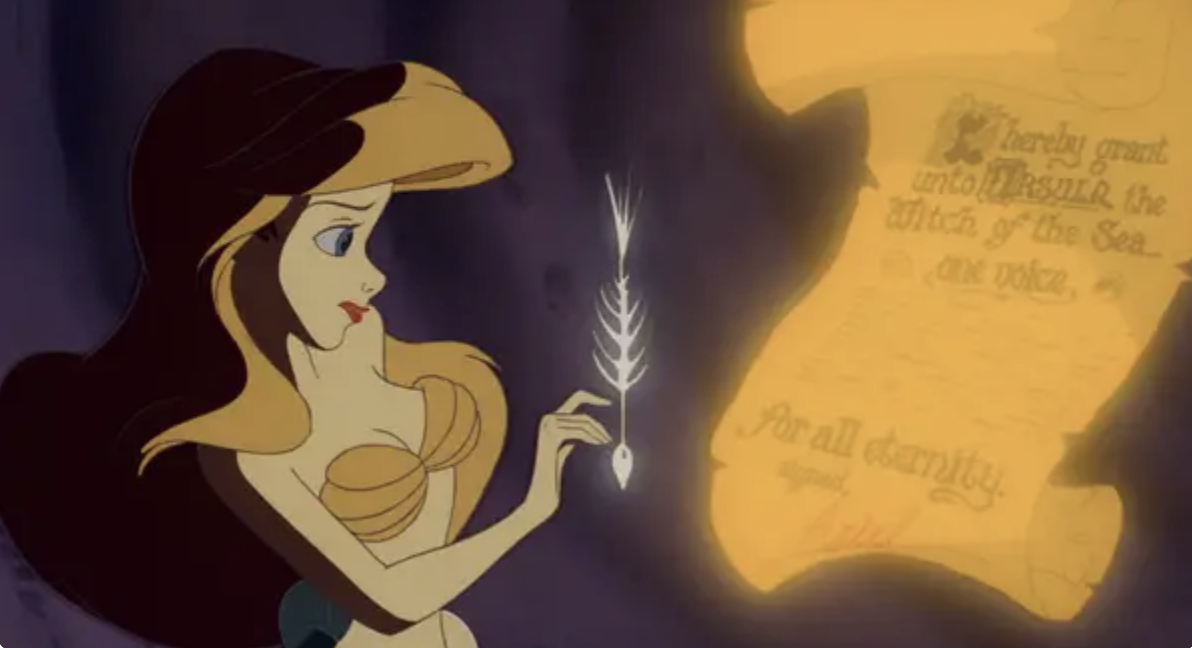 Ariel from The Little Mermaid is about to sign a magical contract with a quill