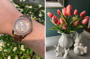 Wrist wearing a studded Fossil watch; vase with fake tulips