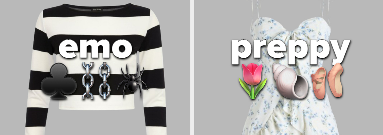 Left: Striped long-sleeve top with alternative pins. Right: Floral dress with preppy accessories. Text: "emo" and "preppy"