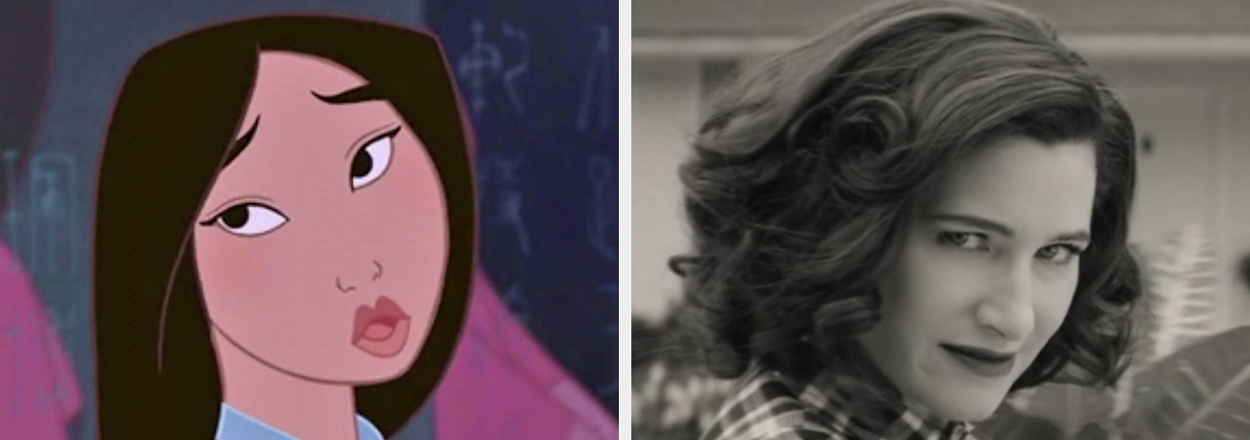 On the left, Mulan singing reflection labeled millennial, and on the right, Kathryn Hahn as Agatha in WandaVision labeled gen x'er