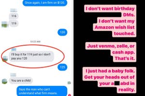 Conversation screenshots about someone refusing offers except for cash apps for their birthday.
