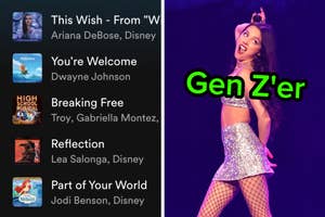 On the left, a Disney Spotify playlist, and on the right, Olivia Rodrigo on stage with Gen Z'er typed under her chin
