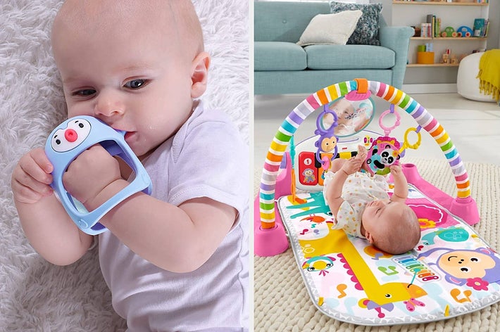 Infant chewing on a teether; another plays on a colorful activity gym