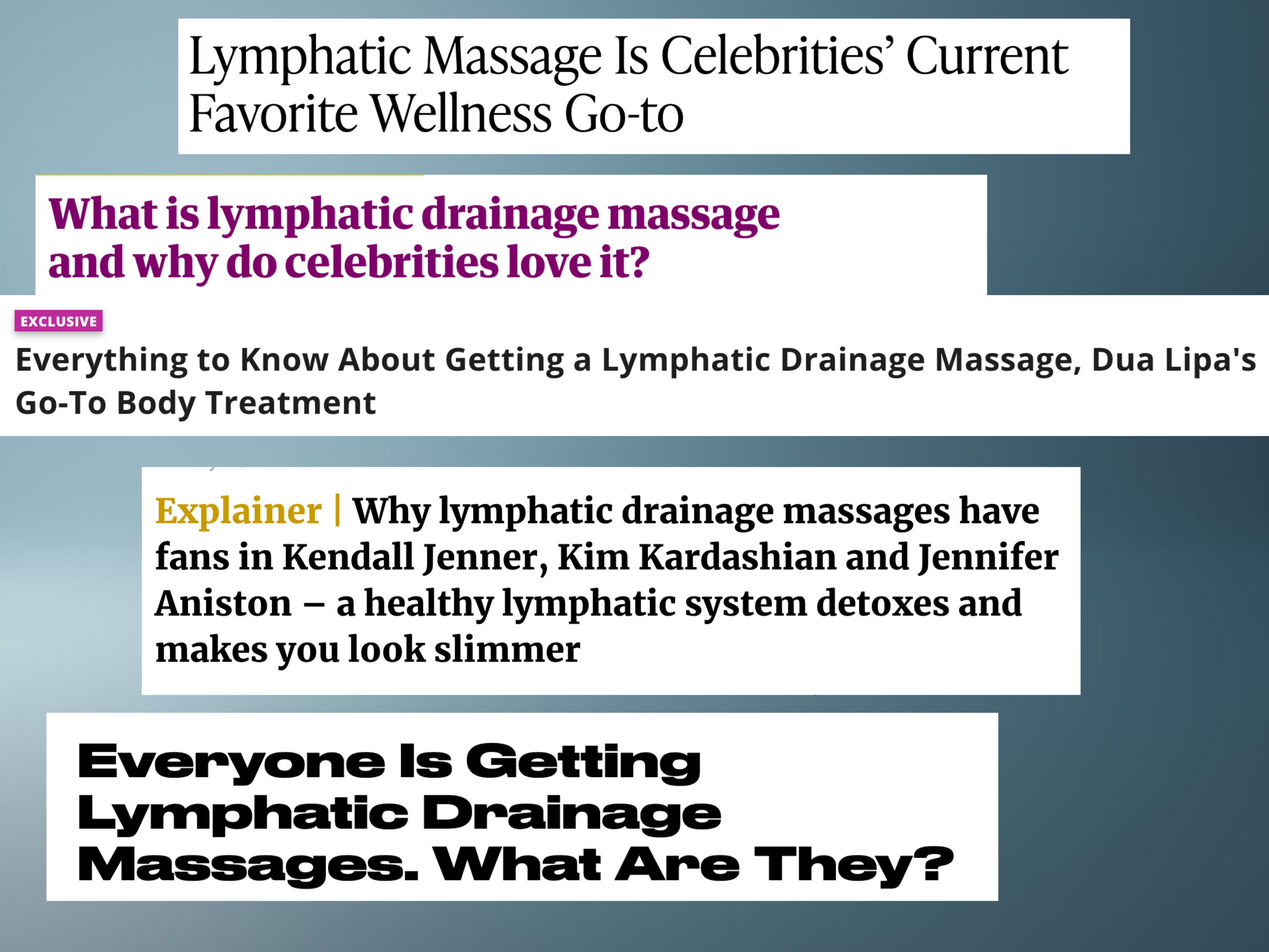 Gradient background transitioning from light to dark with various headlines about lymphatic drainage massages