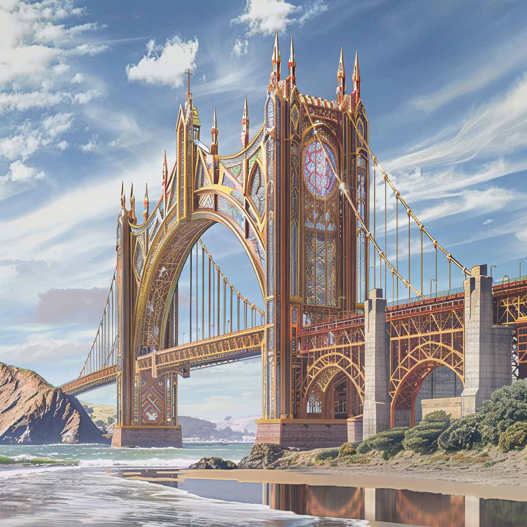 Fantasy-inspired bridge with ornate gothic towers and a large clock, set against a coastal landscape