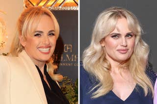 Split image of Rebel Wilson, left in a cream blazer, right in a blue dress with sheer detail