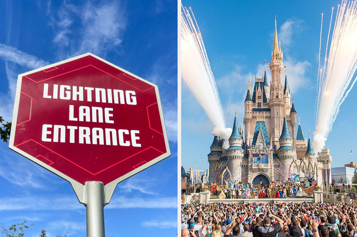 Sign reading "Lightning Lane Entrance" on the left; crowd watching a daytime fireworks display at Disney's castle on the right