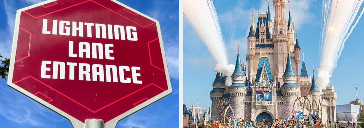 Sign reading "Lightning Lane Entrance" on the left; crowd watching a daytime fireworks display at Disney's castle on the right