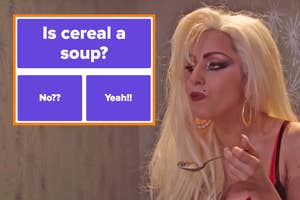 Lady Gaga eating cereal in an SNL sketch next to a screenshot of the question is cereal a soup with answer choices no and yes