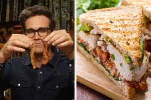 On the left, Link from Rhett and Link holding up two pieces of bacon, and on the right, a sandwich cut into a triangle