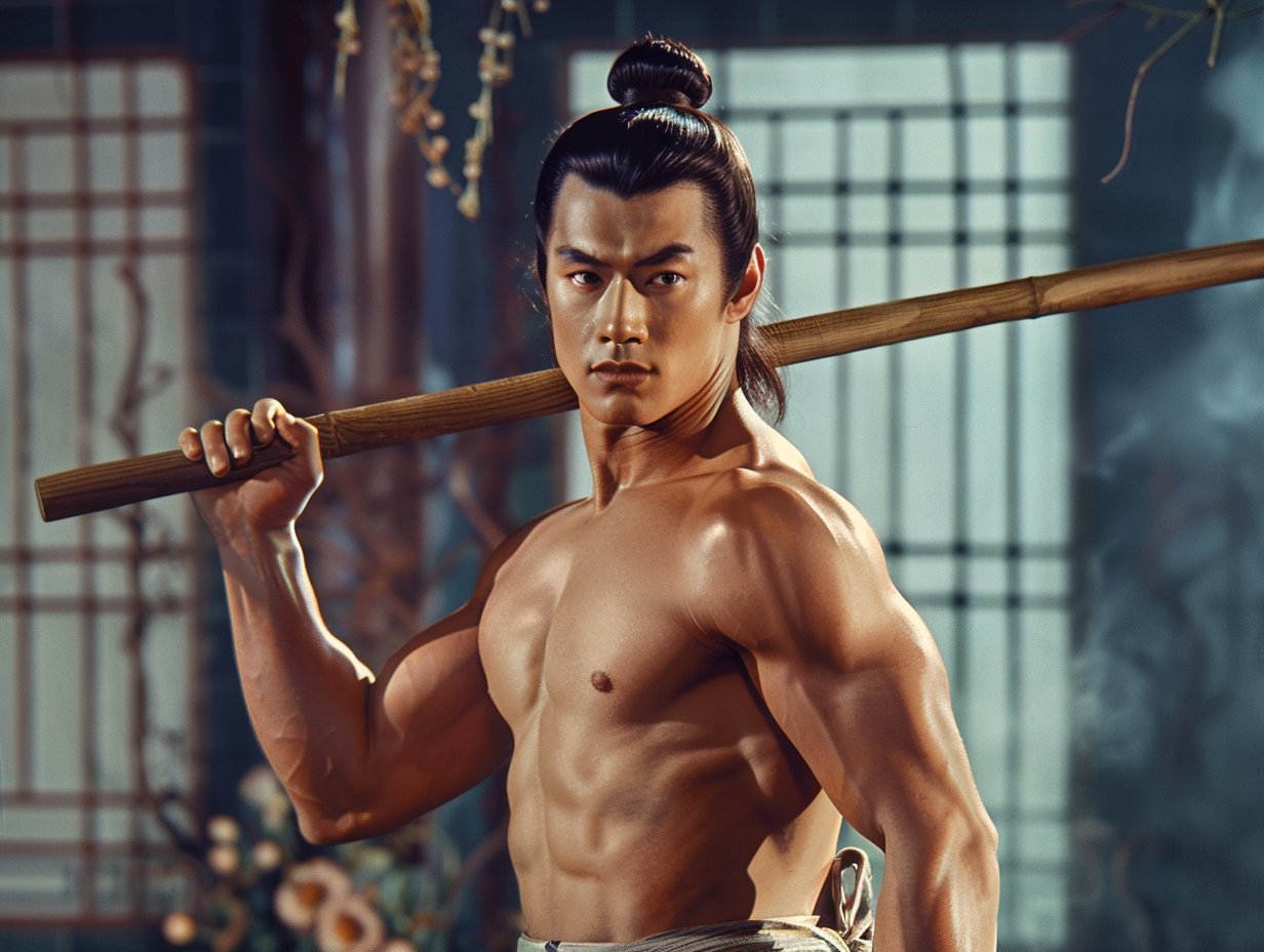 Shirtless man with a topknot wielding a wooden staff, intense expression, in a traditional dojo setting