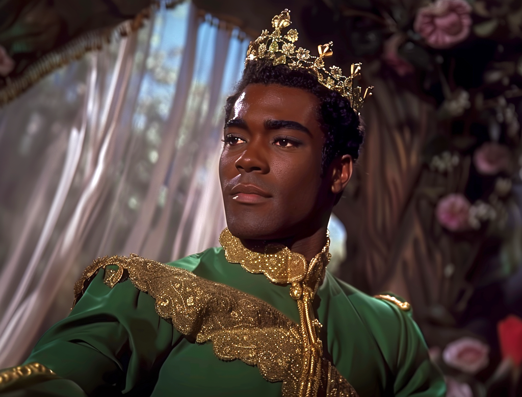 A character wearing gold-trimmed royal attire with a crown in a scene from a movie