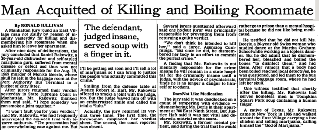 Newspaper article about acquittal in a murder case with details on the trial and suspect&#x27;s background