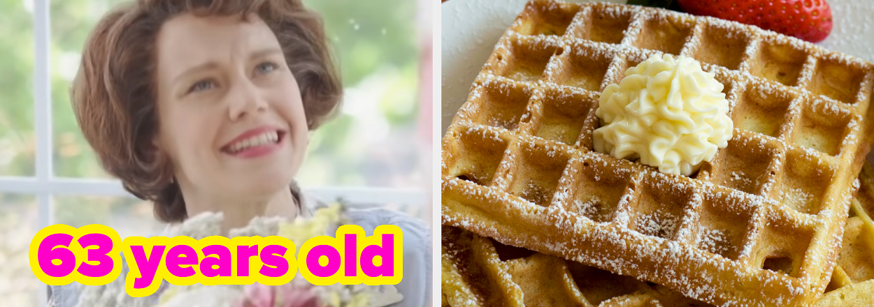 On the left, Kate McKinnon taking a bouquet of flowers and smiling in an SNL sketch labeled 63 years old, and on the right, some waffles topped with powdered sugar and butter with some strawberries on the side