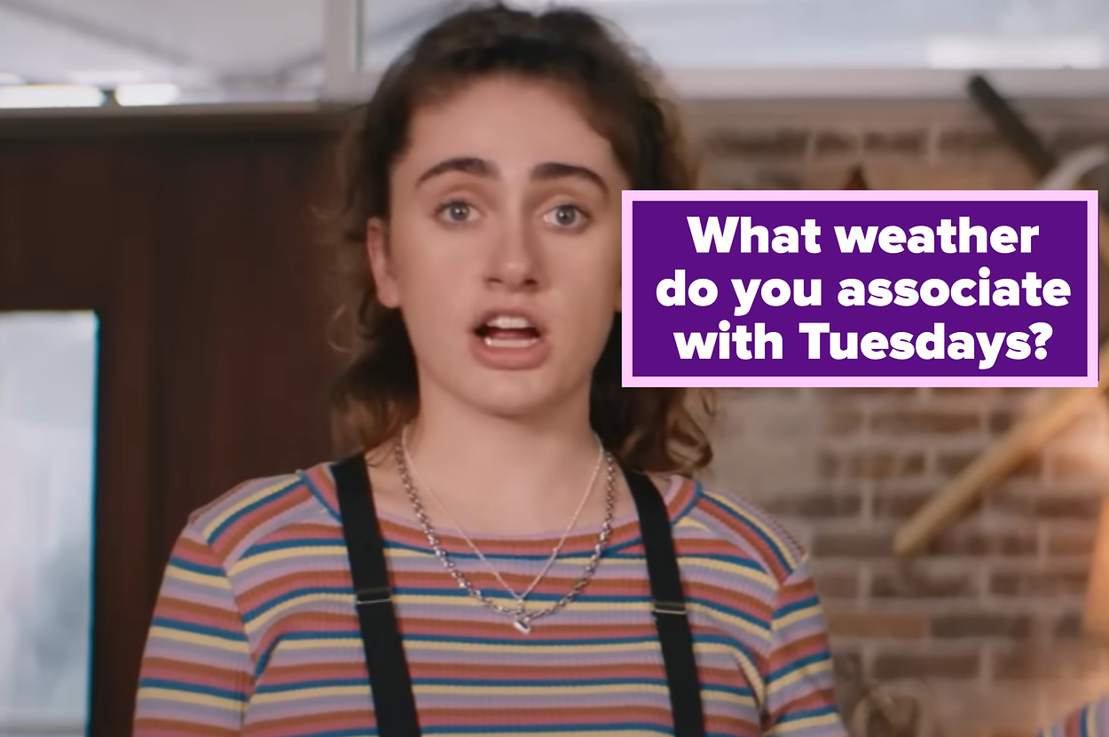 Woman in apron speaking, text bubble: "What weather do you associate with Tuesdays?"