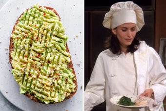 Avocado toast on left; Julia Louis-Dreyfus as Elaine in "Seinfeld" on right, wearing a chef's hat and white shirt, presenting a plate