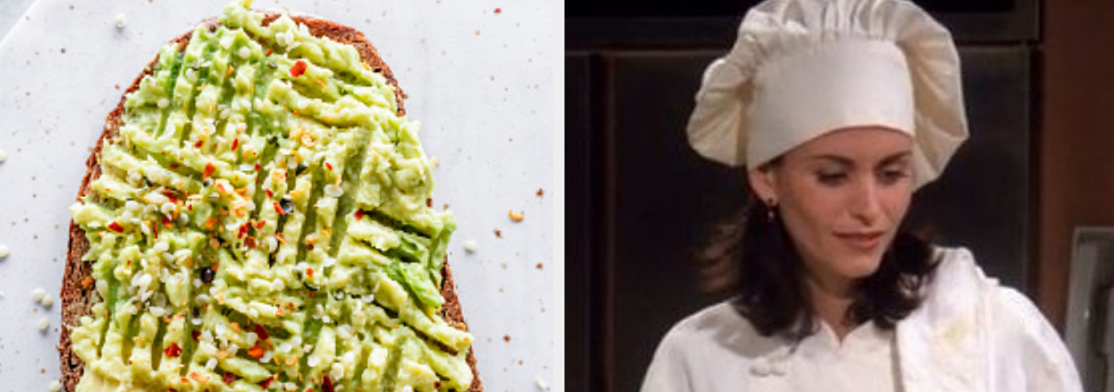 Avocado toast on left; Julia Louis-Dreyfus as Elaine in "Seinfeld" on right, wearing a chef's hat and white shirt, presenting a plate