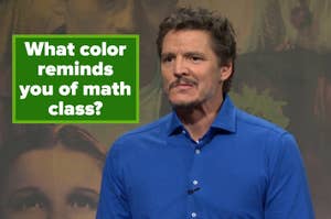 Man in blue shirt with text "What color reminds you of math class?" above his head